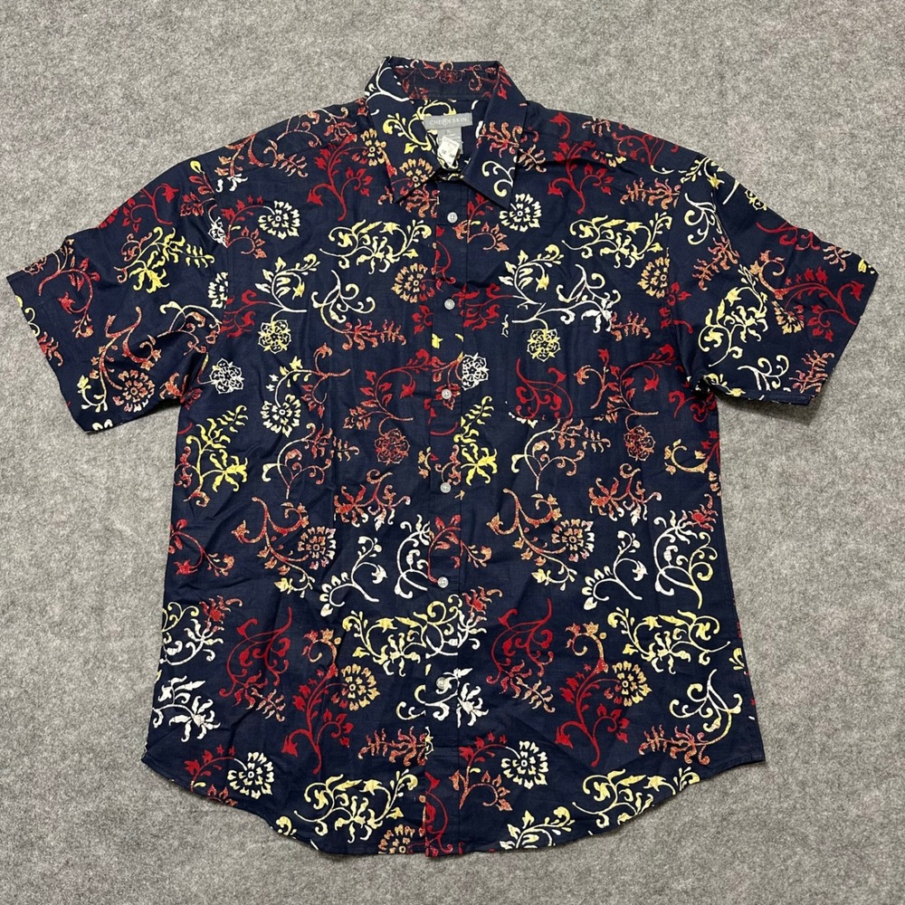 NEW Chereskin Button Up Shirt Mens XL Blue Floral Ramie Cotton Short Sleeve